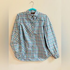 Han Feng New York USA Vintage Multicolor Silk Long Sleeve Plaid Button Shirt Top